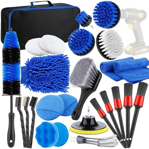 Wothfav Brosse Nettoyage Voiture, 25 Pièces Kit Nettoyage Voiture, Pinceau Detailing Auto, Brosse de Jante Voiture, Brosse Perceuse pour Nettoyage Voiture, Nettoyage Voiture Interieur et Exterieur