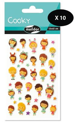 Maildor CY030Opack - Packung mit 10 Bögen 3D Sticker Cooky - Aufkleber, 7,5x12cm, Kawaï Puppen, 360 Stickers, 1 Pack
