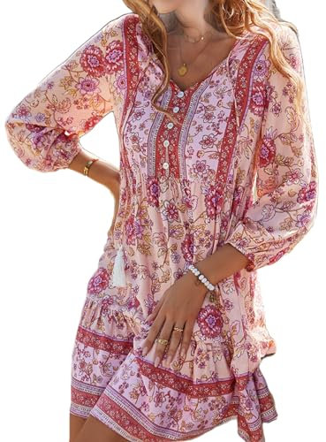 SEEKWISH Vestito Estivo Donna da Mare Boho Scollo a V Ampia Maniche a 3/4, Rosa, S