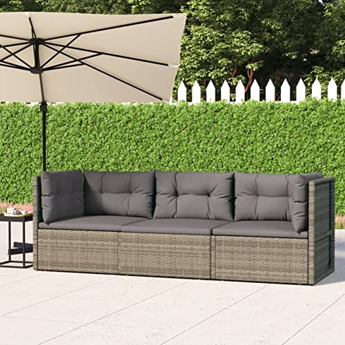 Homgoday Gartensofa 3-Sitzer mit Kissen Sofa Lounge Balkonsofa Balkon Couch Rattansofa Ecksofa Mittelsofa Gartenbank Sitzbank Gartenmöbel Gartengarnitur Grau Poly Rattan