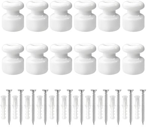 QuirkLz Vintage Isolatoren aus Porzellan für die Installation mit Geflochte Textilkabel [12 Stück] - Aufputz Kabelhalter mit Schrauben und Dübeln | Ø 18mm | Keramik Isolatoren Weiß