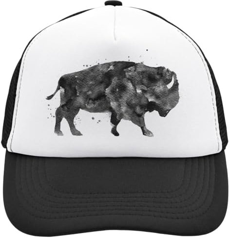 Minimale Wasserfarbe, Bison Riesige Wildtier-Tier-Mütze mit Netzrücken, verstellbare Snapback-Mütze, Casu, Weiß, Schwarz , Einheitsgröße
