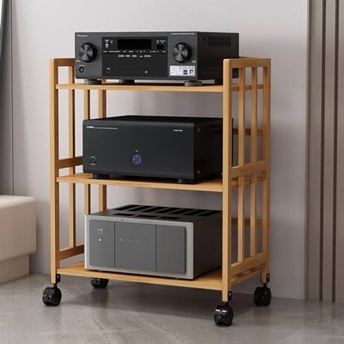 mobile stereo hi fi rack hifi Av media stand a 3 livelli, armadio rack audio in bambù con ruote e supporto regolabile in altezza per soggiorno, sala teatro, ripiano rack amplificatore, centro intratte
