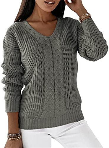 Pull Femme Hiver en Laine Col en V - Sweatshirt Tricoté Cachemire Automne - Vêtement Imprimé Pas Cher Gris XL