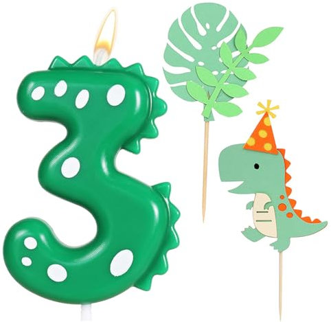 Ronoza Geburtstagskerzen Zahlen 3, Dinosaurier Kerzen Geburtstag, Geburtstagskerze, Geburtstagskerzen für Torte, Kerze 3, Grün Kerzen Zahlen, mit 2 Stück Dinosaurier Happy Birthday Cake Topper
