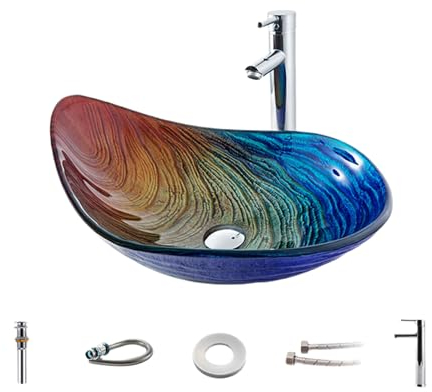 Glass Vessel Sink with Faucet Set, Artistic Vessel Sink Bathroom Tempered Glass Vanity Bowl Wash Hand Basin for Bathroom Restaurant Hotel (F)