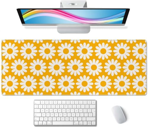 Grand tapis de souris vintage à fleurs jaunes XL - Tapis de souris de jeu étendu pour ordinateur portable - 80 x 30 cm