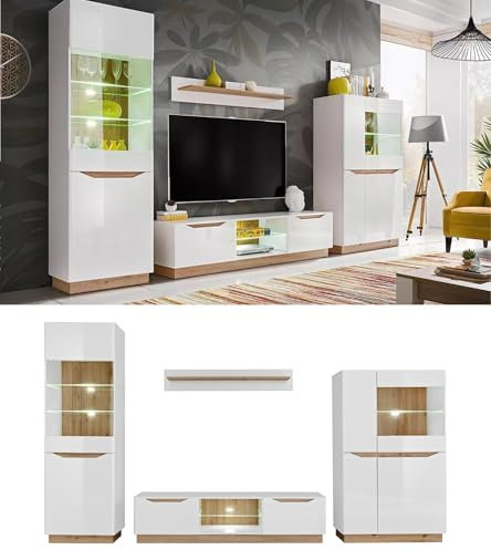 All4All Wohnwand Floro - Wohnzimmermöbel - Schrankwand für Wohnzimmer - Wohnzimmerchrank - Anbauwand Wohnwand - Weiß - Schwarz - 315cm - Modern - 10 - Weiß HG/Artisan Eiche