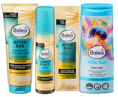 Balea 4er Set: 1 x Shampoo & Spülung 2in1 After Sun, 250 ml, 1 x Sonnenschutz Spray 150 ml, 1 x Haarkur, 20 ml, 1 x Duschgel 300 ml