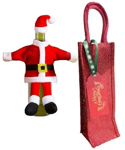 Red Christmas Bottle Bags - Wine Gift Bag, Festive Bottle Gift Bag for Wine, Christmas Table Decoration: Glitter Red Jute Christmas Bag, Gold foiled Glitter Gift Card and Santa Dress Wine Bottle Cover