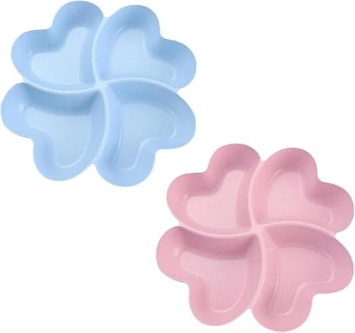 SZKKQKJ 2 piatti da spuntino, con 4 scomparti, a forma di cuore, per snack, per feste, frutta, snack, frutta, noci, per caramelle, dessert, rosa e azzurro