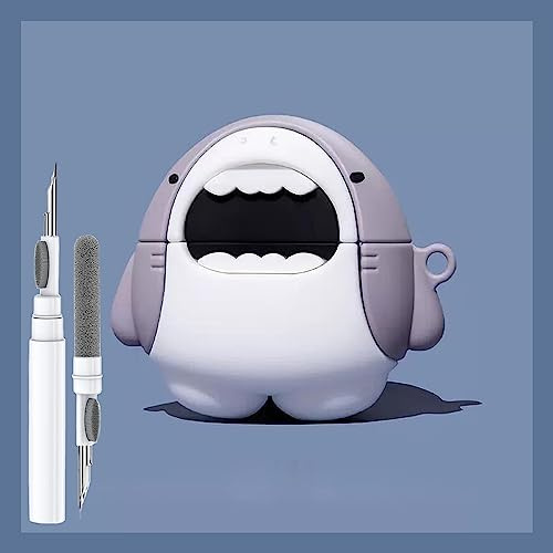LiWerlly Cute Shark Case für Airpod 4, 3D Cartoon Kawaii Cool Cover mit Reinigungsset & Karabiner, Schutz für Airpod 4. Generation 2024, Unisex, Blau, Silikon, Hülle