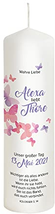 Liamoria® Hochzeitskerze Schmetterling mit Namen, Datum und Spruch - Modell Alexa - Personalisierte Traukerze (25 x 8 cm)