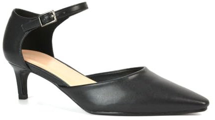 Women's Classic Low Kitten Stiletto Heel Ladies Black Synthetic Leather 2 Piece Ankle Strap Court Shoes Size 8