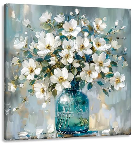 EUROPICART White Floral Canvas Wall Art, Blue Mason Jar Print, 12x12 inches
