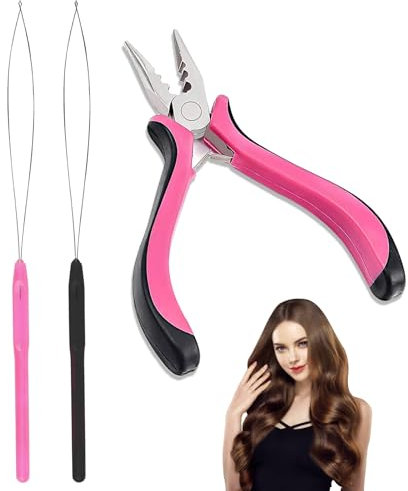 3Pcs Professional Nano Hair Extension Tools,Hair Extension Pliers Kit Includes 1 Plier&2 Loop threaders,Nano Beads Hair Extensions Kit,Nano Bead Tool for Easy Hair Extension and Removal Tool