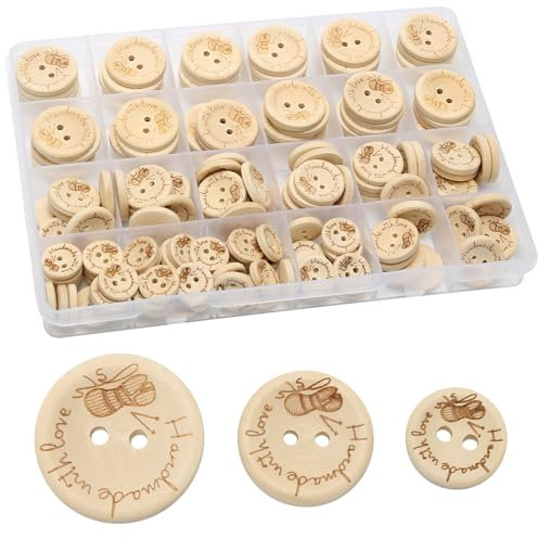 Holzknöpfe 150 Stück, Naturholzknöpfe Runde Form, Handmade Knöpfe 15mm 20mm 25mm zum Basteln und Nähen, Kleine Runde Knopf mit 2 Löcher für Nähen DIY Basteln Dekorationen (Bee)