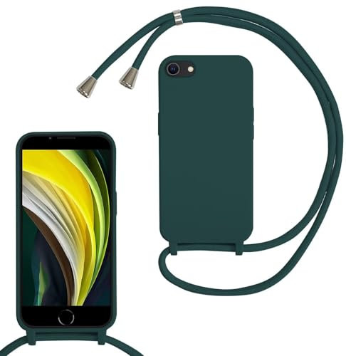 Handykette für iPhone 6/7/8 Hülle mit Band,Silikon Design Necklace Handyhülle zum Umhängen Kordel, Stoßfest Schutzhülle mit Kette, Weich TPU Liquid Silikon Case für iPhone SE 2202,Dunkelgrün
