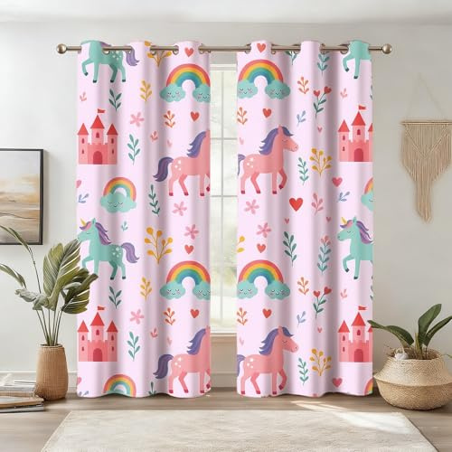 SeseBee Mädchen-Schlafzimmer-Vorhänge mit Einhornmotiv, 2-teiliges Set, Bunte Regenbogen-Verdunkelungsvorhänge | Verspielte Fensterdekoration für Kinderzimmer und Mädchenzimmer