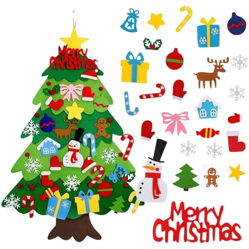 Weihnachtsdeko Kinderzimmer Filz Weihnachtsbaum DIY mit 28 Stück abnehmbarem Schmuck Weihnachtsbaum Wanddekoration für Kinder Tür Deko Geschenk