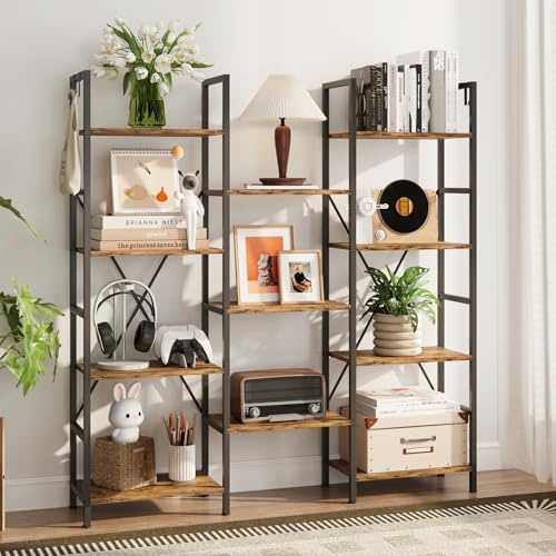 DSNAPE 4-Tier Industrial Bookshelf, Large Tall Open Metal Storage Shelf | Vintage Farmhouse Bookcase with 11 Adjustable Shelving Unit for Living Room, Bedroom, Home Office, Plant Shelf, Rustic Brown