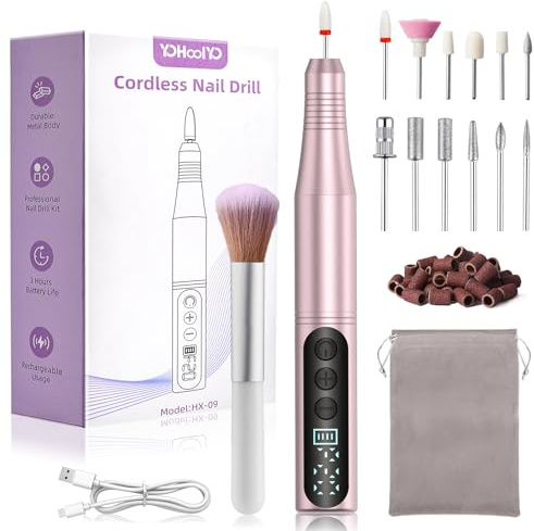 YOHOOLYO Cordless Electric Nail Drill - 13-in-1 Rechargeable Nail File with LED Display, 20000RPM, 4 Adjustable Speeds for Acrylic & Gel Nails, Professional Manicure & Pedicure Tool, Pink