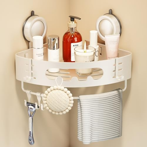 Voldra Duschablage Ohne Bohren, Duschregal Ecke Saugnapf Bogenförmiges Badezimmer Regal Wand Duschkorb mit Handtuchhalter Eckregal Bad Ablage Dusche Metall Regal Duschkorb Ohne Bohren(1 Stück, Weiß)