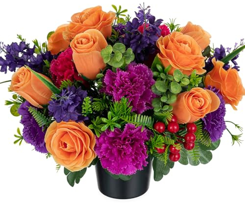 Memobloom Fiori Finti con Cimitero Vaso, Arancioni Viola