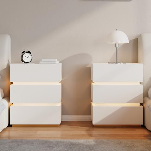 Homary Nachttisch 2er Set mit kabelloser Ladestation, LED Smart Nachtschrank mit Schubladen & USB-Anschlüssen, Modernes Nachtkästchen mit LED-Beleuchtung für Schlafzimmer (Led Weiß 3 Schubladen)