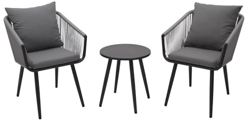DEGAMO Bistroset Riva 3-teilig, Alu anthrazit rostfrei + Rope grau, Polster grau, 2X Sessel und 1x Tisch, Outdoor, Moderne Optik