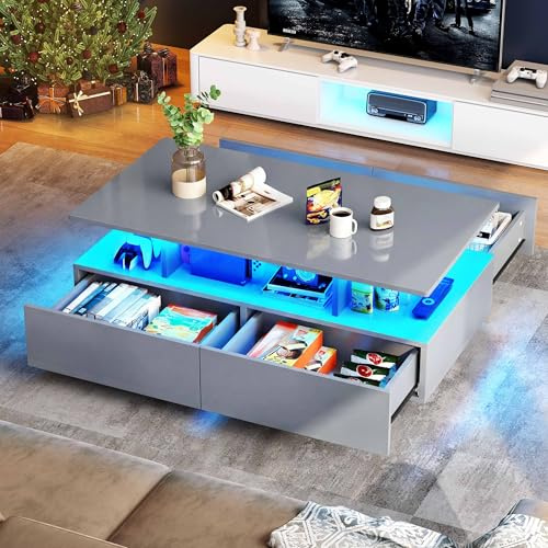YITAHOME Couchtisch Grau, Wohnzimmertisch Hochglanz mit 16-Farbiger LED Beleuchtung Modern, Beistelltisch Weiss mit Offenem Ausstellungsregal und 4 Ausziehbaren Schubladen 90x55x41,1 cm