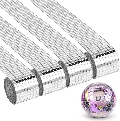 6400 Stück Spiegel Mosaikfliesen Selbstklebend Mosaik Spiegelfliesen | für Discokugel MosaicMini Glas Discokugel Klebestreifen Aufkleber Silber 5x5mm 4 Rollen für DIY Disco Kugel Handwerk Deko