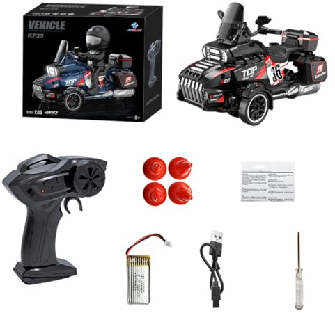KF35 1:43 Scale RC Drift Trike Motorcycle, 2.4G 3WD Oil Throttle Drifting Remote Control Racing Bike with LED Lights & Figure for Adults
