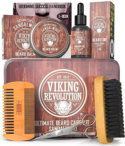 Viking Revolution Bartpflegeset für Männer - Ultimatives mit 100% Wildschweinborsten Bartbürste, Bartkamm aus Holz, Bart Balsam, Bartöl, Schnurrbart- & Bartschere - Geschenke Für Männer