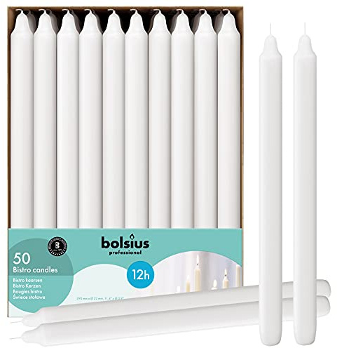 BOLSIUS White Candlesticks Bulk Pack 50 Count - Unscented Dripless 11.5 Inch Household & Dinner Candle Set - 12+ Burn Hours - Premium European Quality - Consistent Smokeless Flame - 100% Cotton Wick