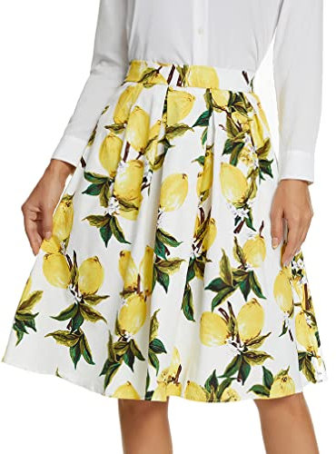 Tandisk Damen Vintage A-Linie bedruckter plissierter ausgestellter Midirock mit Taschen, Zitronenblüte, Groß