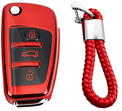 M.JVisun Doux TPU Clef Coque Porte-clés pour Audi A1 A3 A4 A6 A8 Quattro Q2 Q3 Q7 R8 RS3 RS6 S3 S6 TT TTS Pliant Clé de Voiture - Brillant Rouge - Tressé Porte-clés
