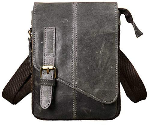 Le'aokuu Herren Verrückt Pferd Leder Tasche Freizeit Universität Schultasche Reisetasche Schultertasche Messenger Bag 611 (611-1 Grau-Groß)