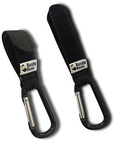 BundleBean - Clip per passeggino (coppia): Aggancia la tua spesa, borsa e borsa fasciatoio al tuo passeggino, passeggino, sedia a rotelle o deambulatore. Misura universale, cinghie nere con gancio e