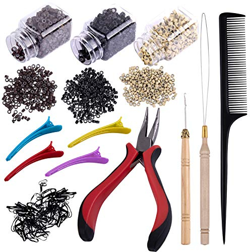 Duufin Kit de Herramientas de Extensión de Cabello 1500 Piezas Micro Anillos para Extensiones de Pelo y 1 Piezas Alicates 2 Piezas Agujas Gancho 1 Piezas Peine de Cola 4 Piezas Pinza Pelo Clip