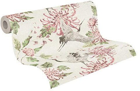 A.S. Création Vliestapete Asian Fusion Blumentapete Vogeltapete 10,05 m x 0,53 m weiß rosa grau Made in Germany 374642 37464-2