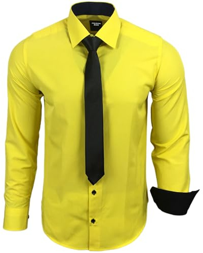 Subliminal Mode - Chemise Homme Manches Longues Col Bicolore Uni + Cravate Noir Chemise Coupe Ajusté Business Repassage Facile RN77 Jaune M