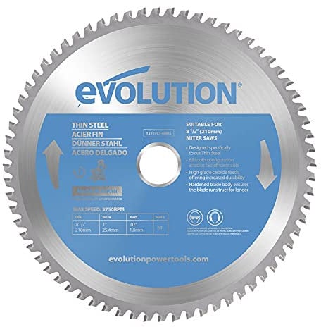 Evolution 210mm 68T Mitre Saw Blade - Carbide Tipped, Ideal for Thin Steel