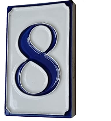 Piastrelle per numeri civici in ceramica italiana, dipinte a mano, semplici, bianche e blu, con lettere e numeri, 11 x 7 cm (numero 8)