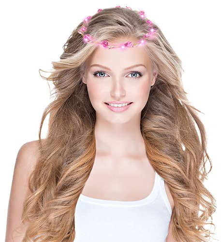 LED Blumenkranz Silvester Haarschmuck Blumen Stirnband Kranz Haarband Damen Blumendekor Kopfschmuck für Hochzeit Party Leucht (Rosa)