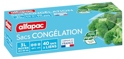 alfapac - Réutilisable 40 sacs congélation à lien - Moyen modèle - Ouverture large - Écoresponsable - Transparent - Fabriqué en France