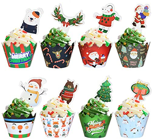 48 Stück Weihnachten Cupcake Topper und Wrapper, Weihnachtsfeier Dekoration Weihnachtsmann Schneemann Rentier Elf Pinguin Weihnachtsbaum Weihnachtskranz Lebkuchen Hand Kuchen Party Dekoration Zubehör