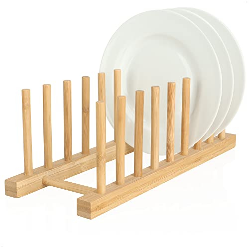 com-four® Estante para Platos - Estante para Platos de bambú - Estante para Platos - Organizador de Cocina - Estante para Platos sólido - Soporte para Tapa de Olla (1 Pieza - 34x12,5x12cm marrón)