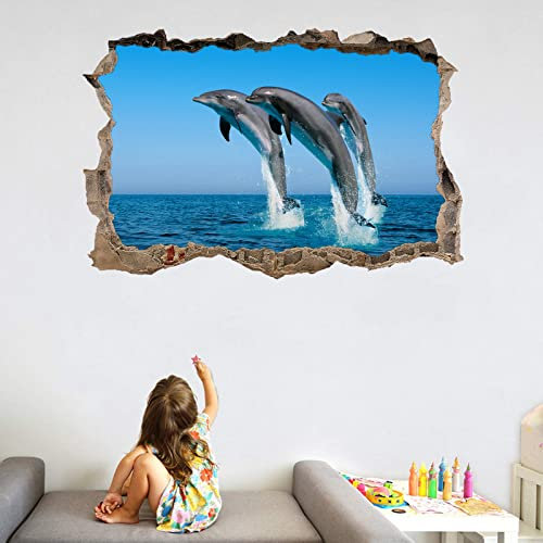 Kuletkear Tier 3D Wandtattoo Wandaufkleber Wandsticker Wanddeko Delphin Wandbilder für Wohnzimmer Schlafzimmer Badezimmer Flur Küche Möbel Aufkleber 80 cm x 120 cm