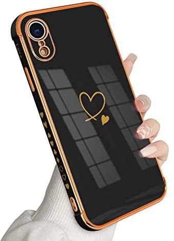 Newseego Case Compatible with iPhone XR, Cute Gold Heart Design Shiny Electroplated Soft Silicone Case for Girls and Women Ultra Slim Shockproof Full Protective Back Cover Case for iPhone XR